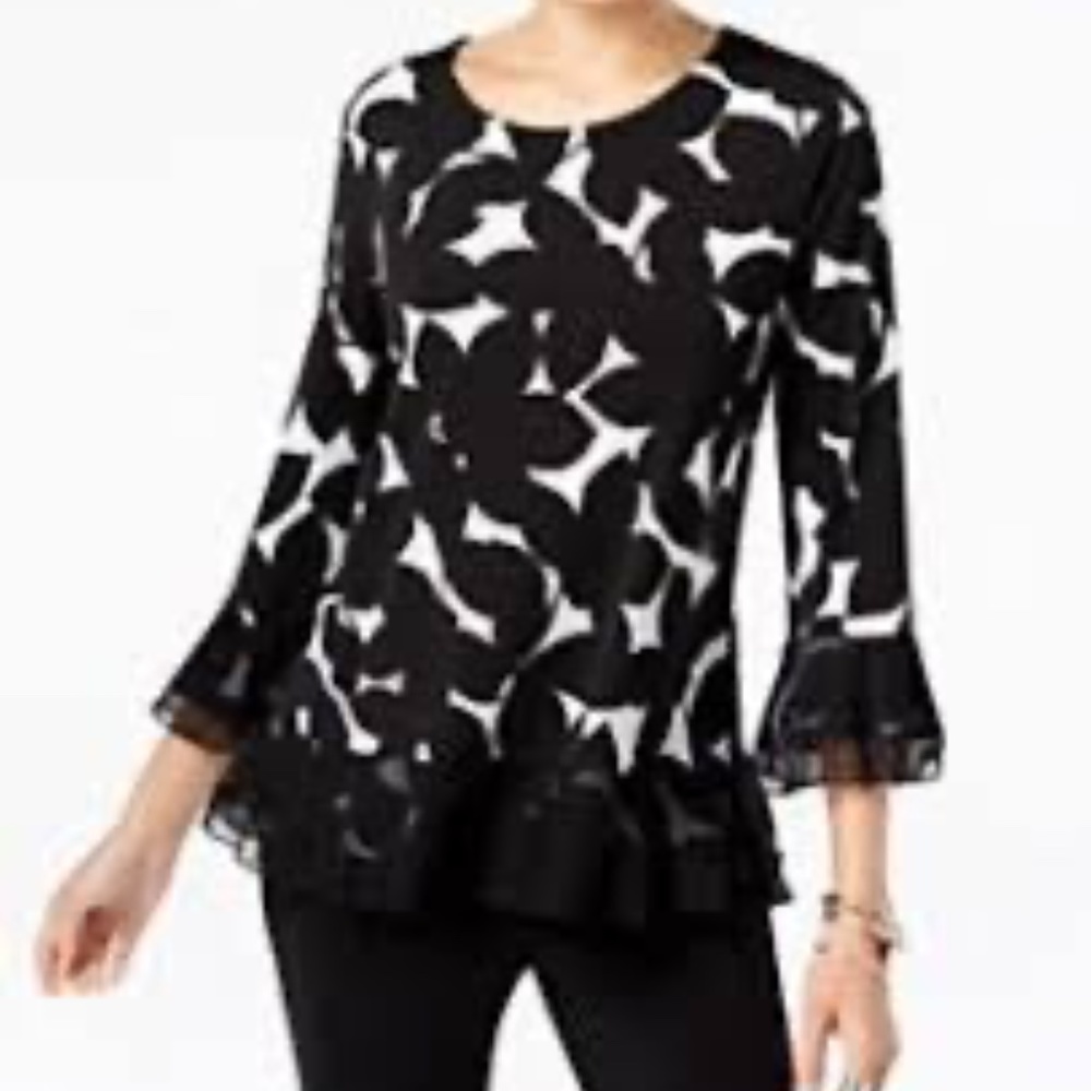 ALFANI  LADIES’ PRINTED ASYMMETRICAL BLACK & WHITE SWING PULLOVER TUNIC TOP